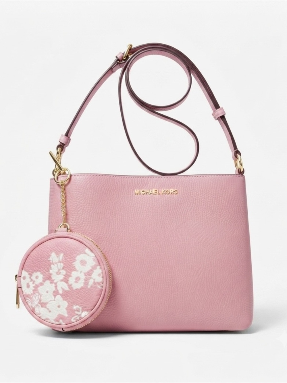 Michael Kors Trisha Pebbled Leather Crossbody Bag w/ Pink Floral Pouch-Gift Box